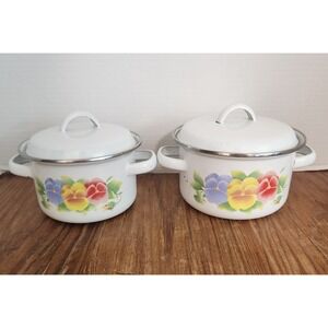 Vintage Summer Blush Corelle Metal Enamel Set 2 Stockpots‎ Lids Pansy Pattern